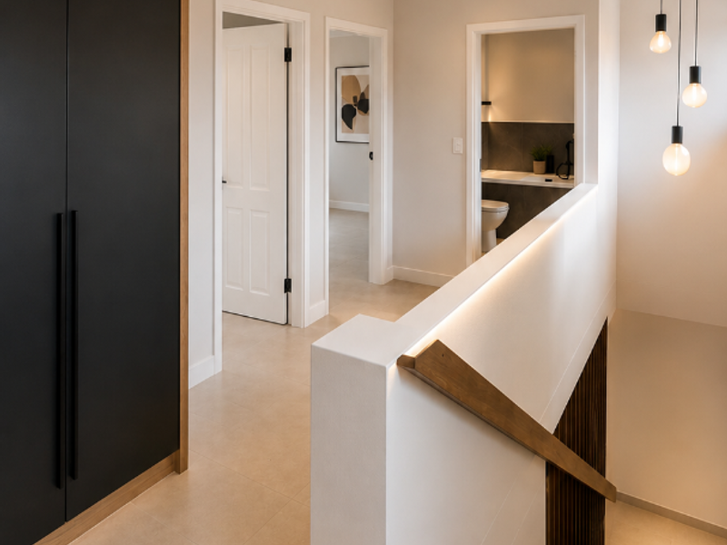 Modern upper-level hallway featuring sleek built-in cabinetry, a contemporary staircase with timber handrail, and elegant pendant lighting.