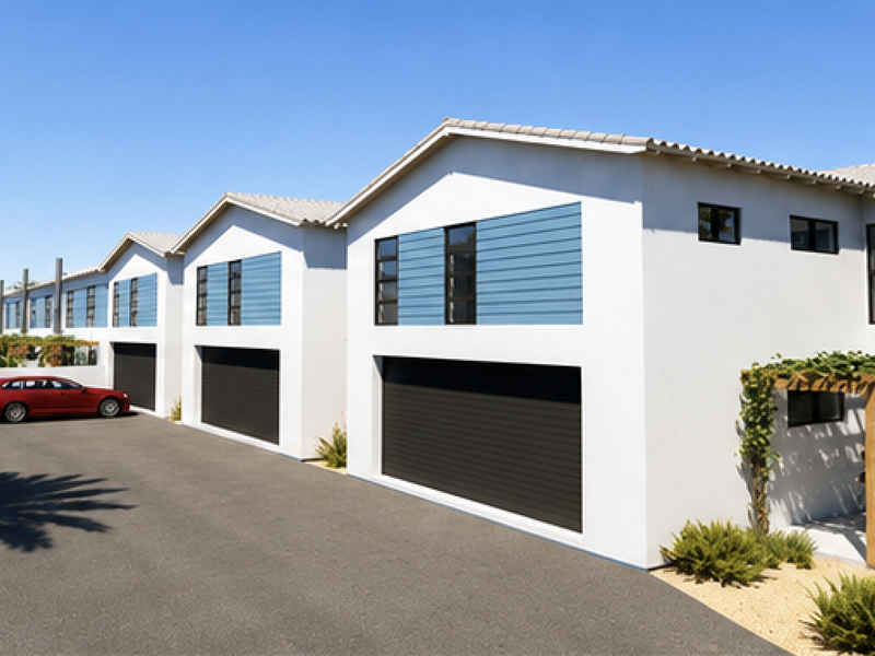 A modern townhouse complex featuring clean white facades, blue accent panels, automated garages, and paved driveway access with landscaped surroundings.