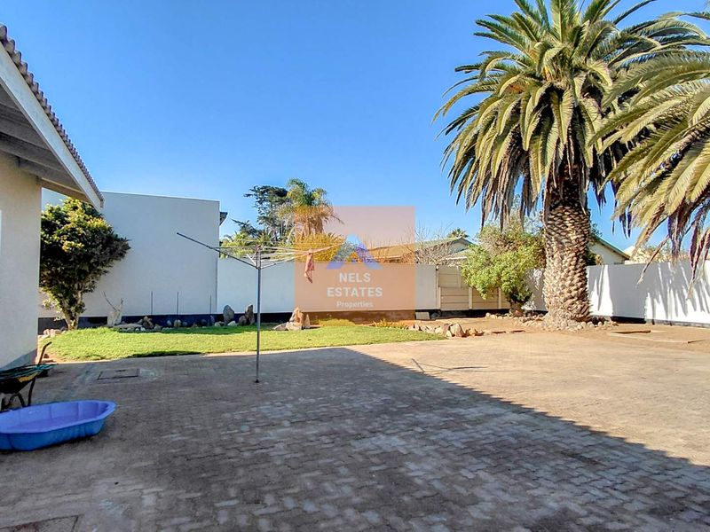 Spacious rear exterior area featuring a paved driveway, boundary wall, and established palm tree, providing a functional outdoor space.