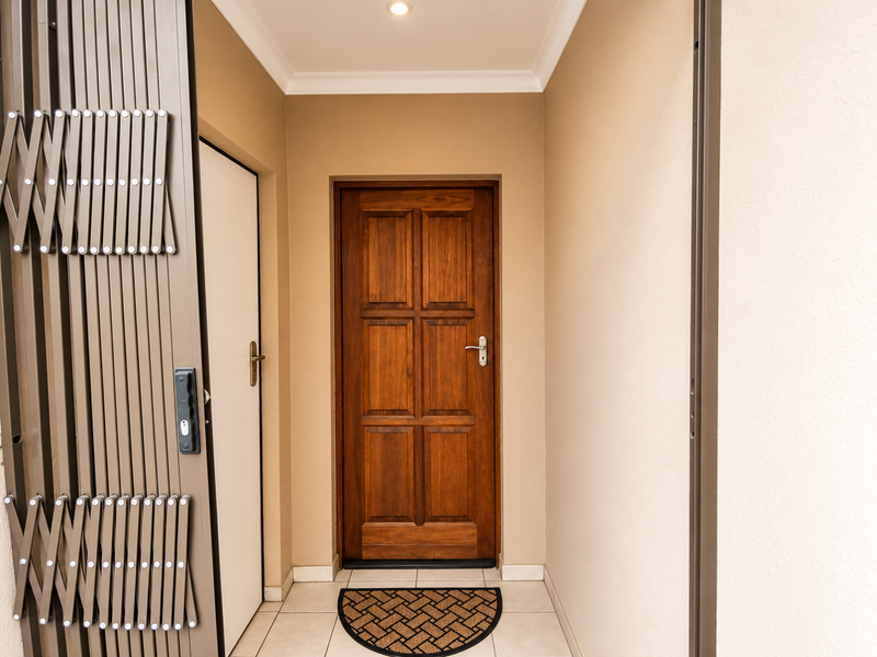 A clean and well-maintained entrance area featuring a solid wood front door, tiled flooring, and a secure metal security gate.