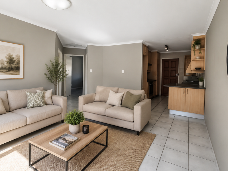 An open-plan living area featuring tiled floors, neutral wall tones, and a functional kitchen with light wood cabinetry.