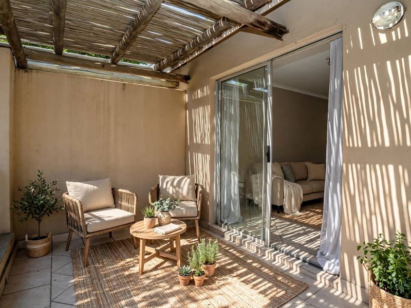 A covered balcony featuring a timber pergola, tiled flooring, and a large sliding glass door providing access to the interior living space.