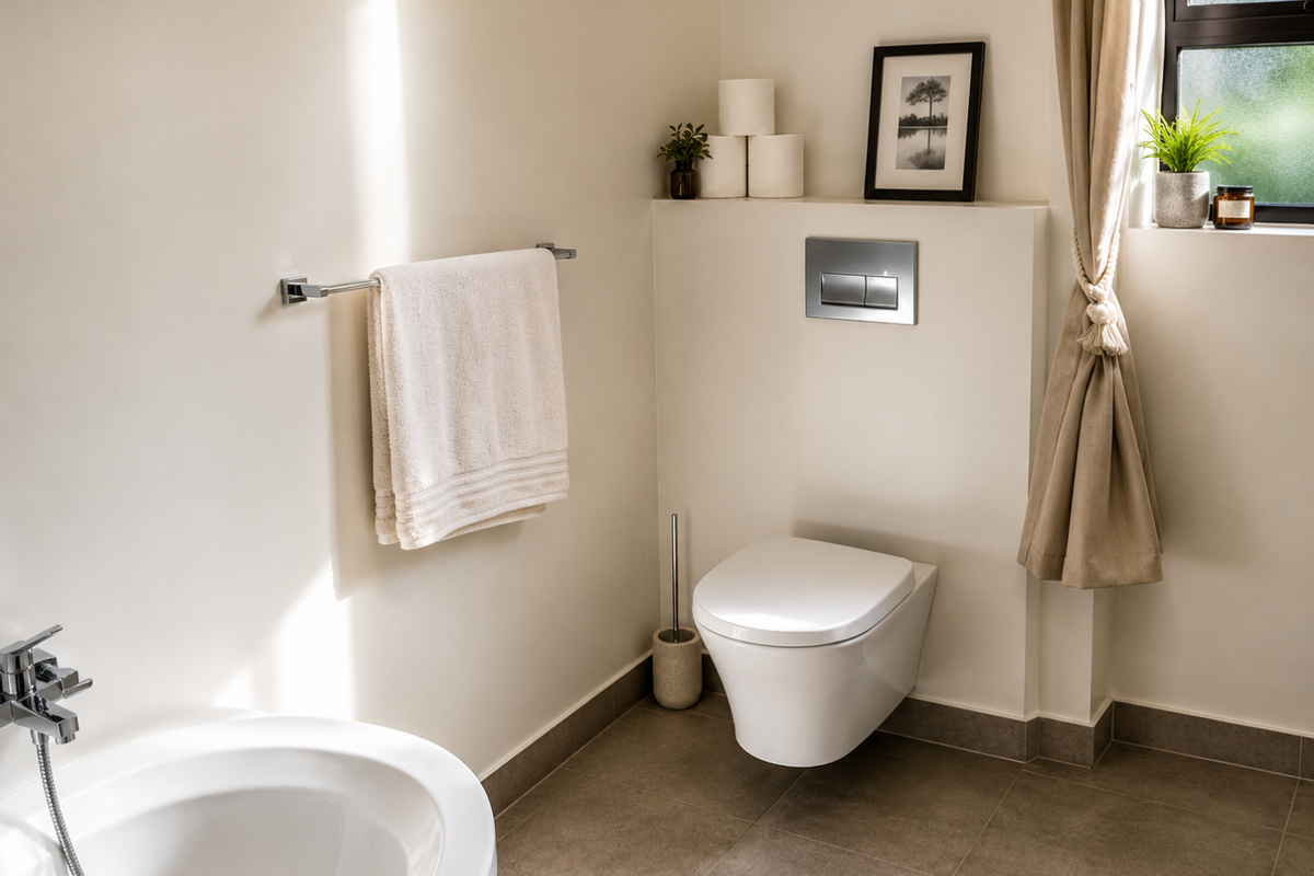 A modern, well-maintained bathroom featuring a wall-mounted toilet with a concealed cistern, tiled flooring, and a sleek bathtub with chrome fixtures.
