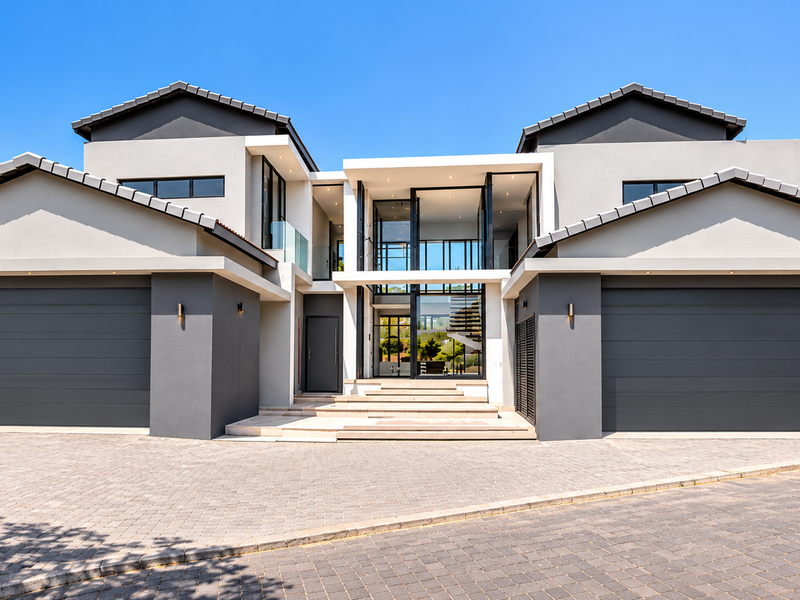 Modern double-story residence featuring a symmetrical facade, dual garages, paved driveway, and a striking glass-fronted entrance.