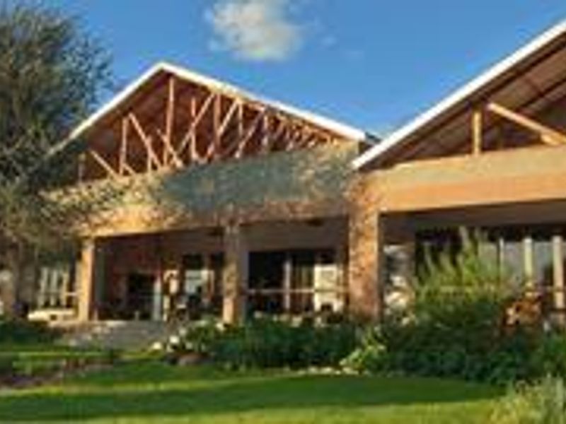Rear view of a large house featuring exposed timber roof trusses, brick facade, and a spacious covered patio overlooking a landscaped garden.