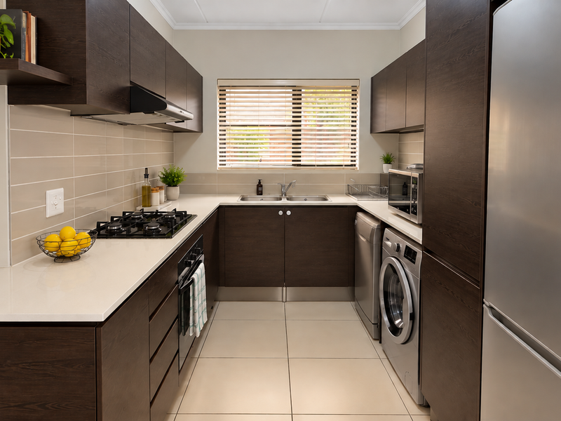 Modern galley-style kitchen featuring dark wood cabinetry, stone countertops, gas hob, integrated appliances, and neutral tiled finishes.