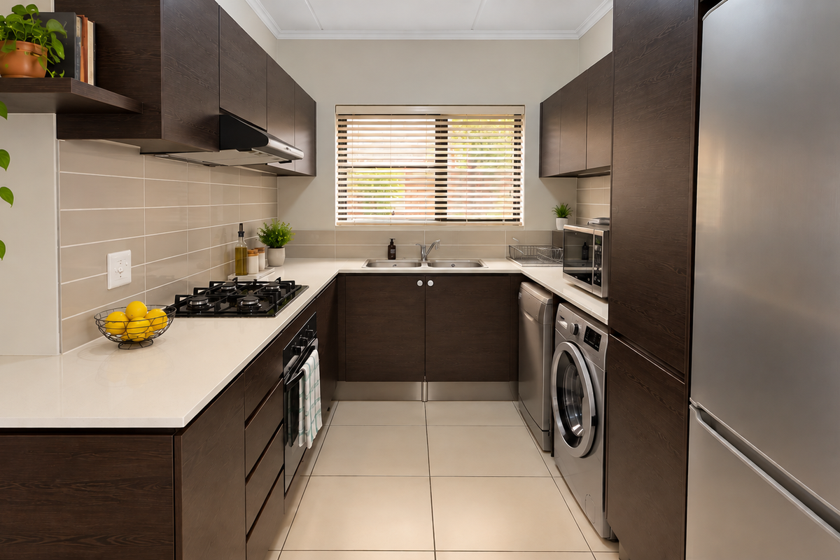 Modern galley-style kitchen featuring dark wood cabinetry, stone countertops, gas hob, integrated appliances, and neutral tiled finishes.