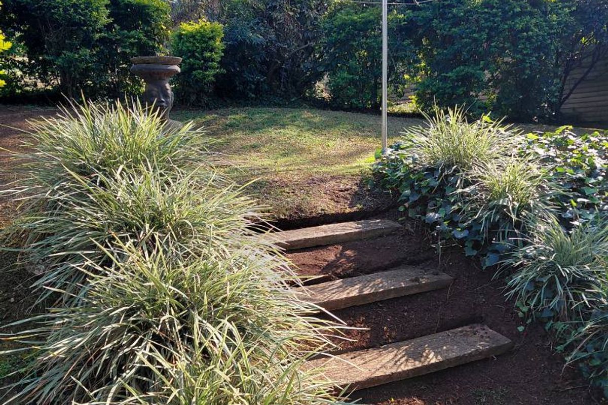 A landscaped garden area featuring timber sleeper steps leading to a lawn, surrounded by established greenery and a rotary clothesline.