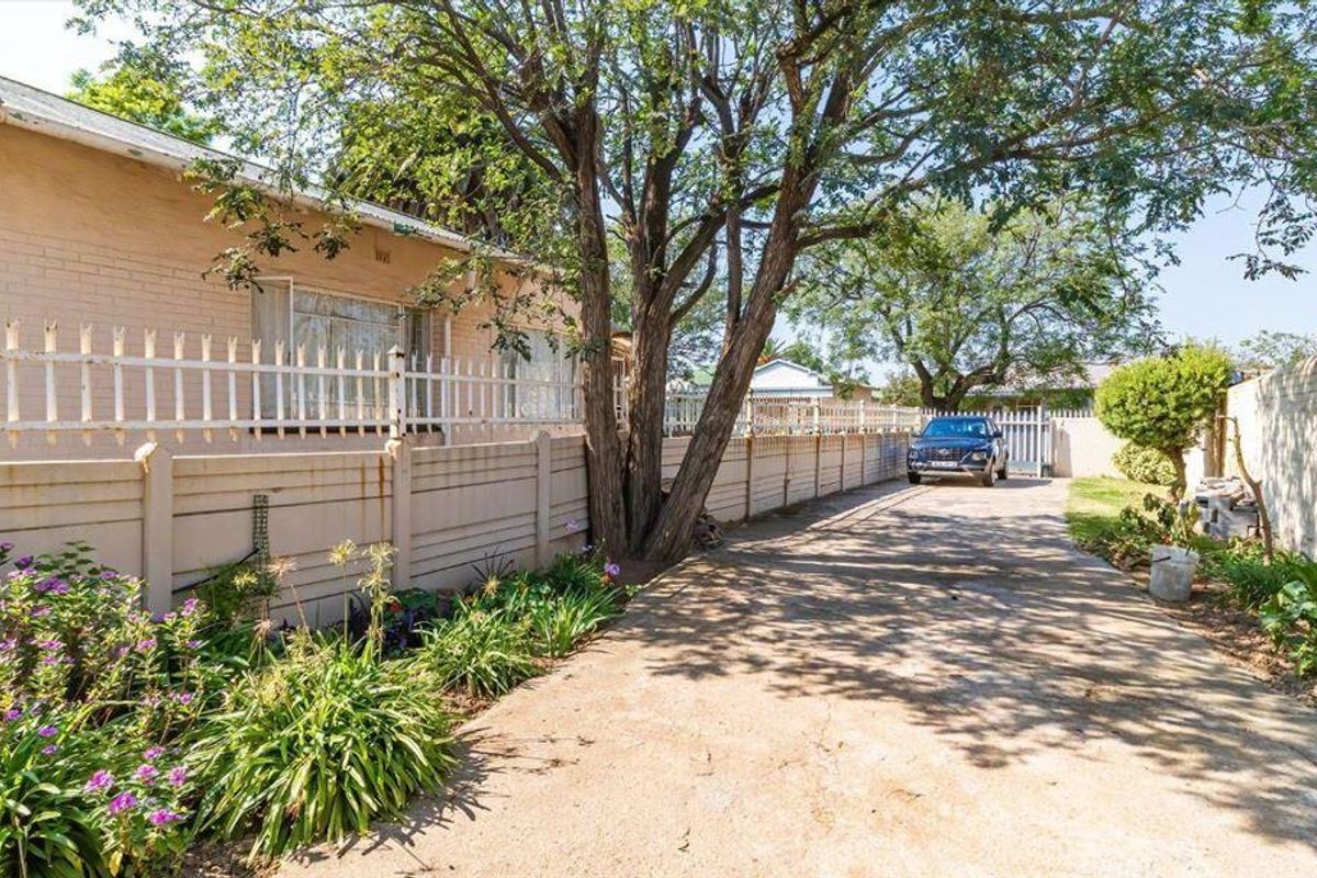 Side driveway view showing concrete paving, perimeter boundary wall with metal fencing, and established garden beds alongside the house exterior.