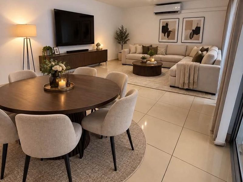Spacious open-plan living and dining area featuring large format floor tiles, modern recessed lighting, and a wall-mounted air conditioning unit.