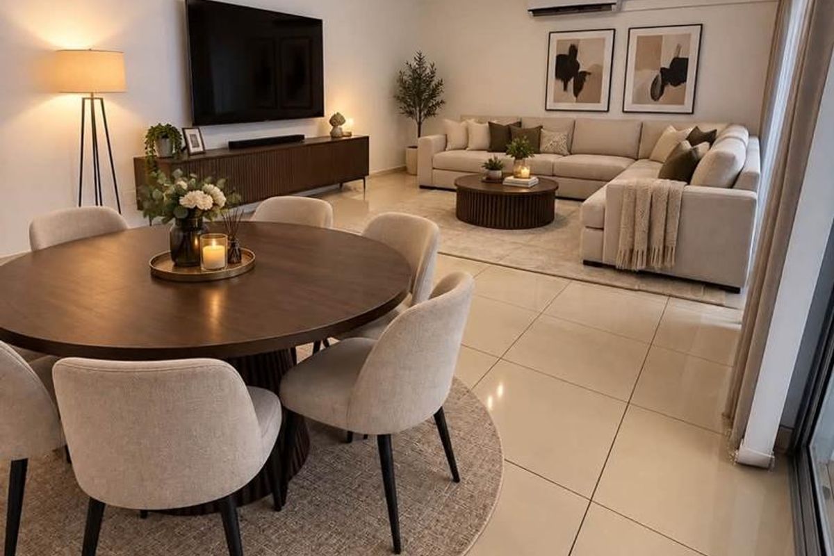 Spacious open-plan living and dining area featuring large format floor tiles, modern recessed lighting, and a wall-mounted air conditioning unit.