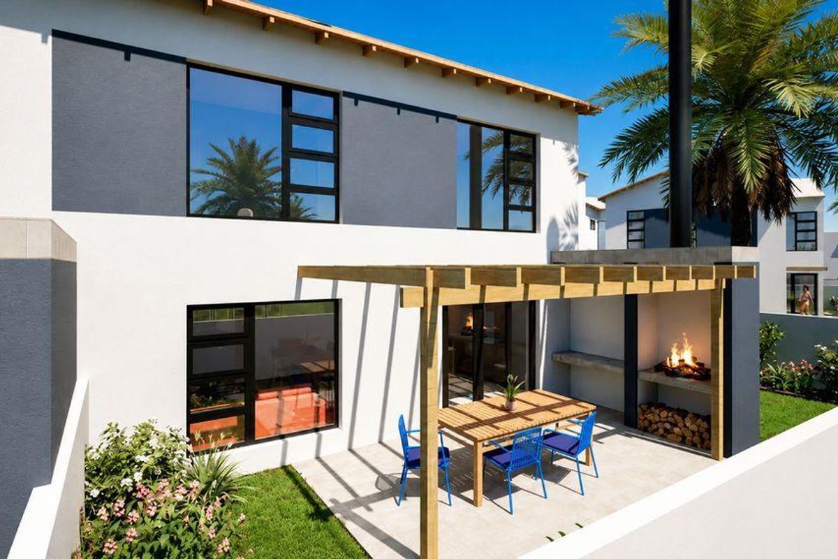 Rear exterior view of a modern townhouse featuring a tiled patio with a timber pergola and a built-in braai area overlooking a private garden.