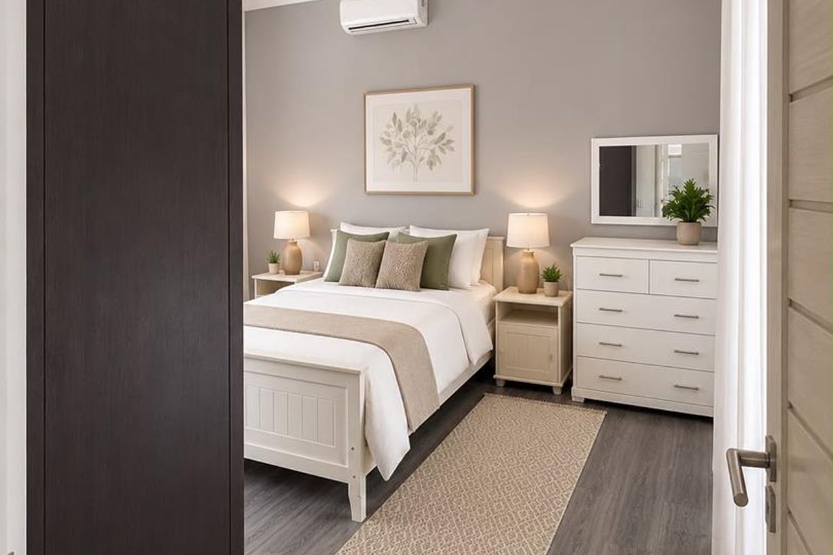 A well-maintained bedroom featuring modern laminate flooring, a ceiling fan, and a wall-mounted split-system air conditioner.