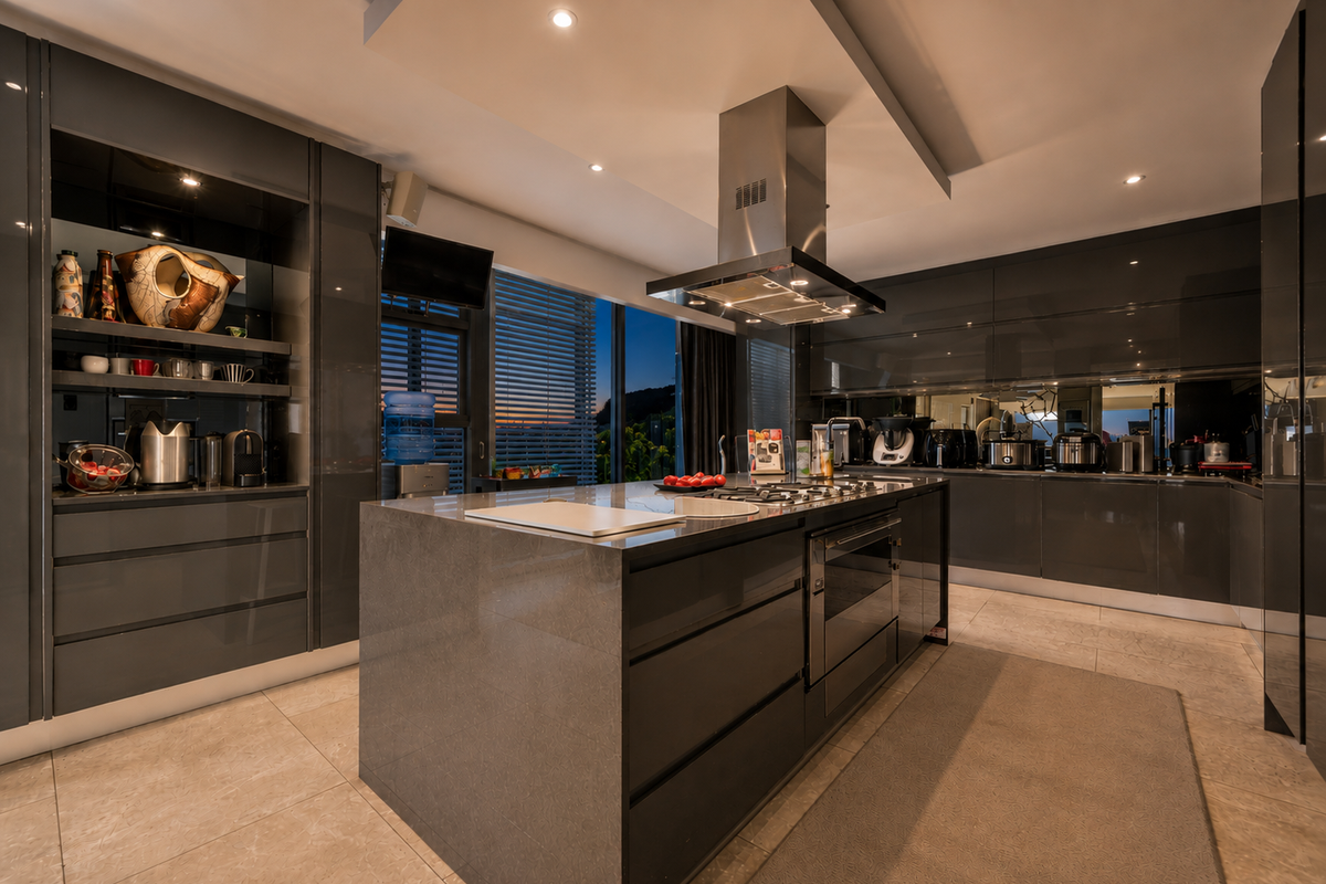 Modern luxury kitchen featuring high-gloss cabinetry, a central island with a gas hob, integrated appliances, and sophisticated recessed lighting.