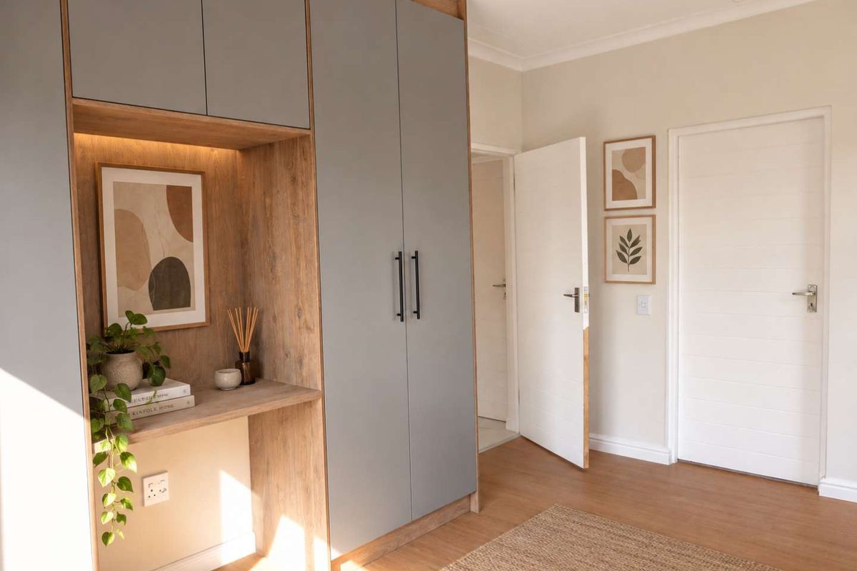 A well-maintained bedroom featuring modern built-in cabinetry with an integrated desk area, laminate flooring, and clean neutral finishes.