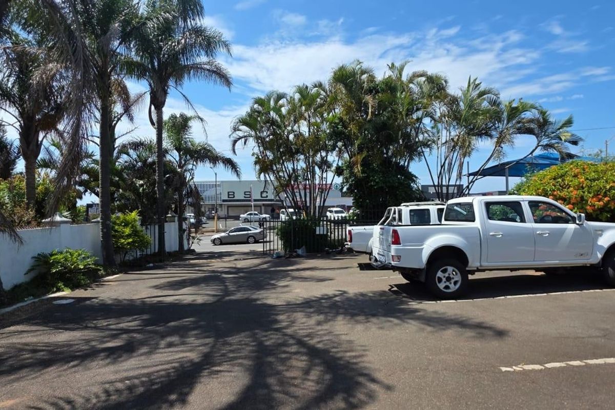 Exterior view of the property featuring an asphalt parking area, perimeter wall, and established palm trees leading to a gated entrance.