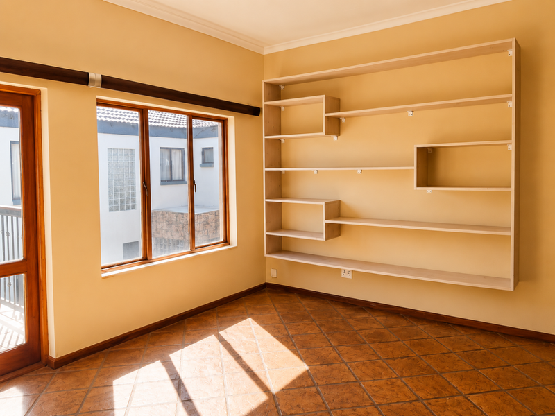 An empty living area featuring tiled flooring, built-in wall shelving, and natural light through a wooden-framed window and door.