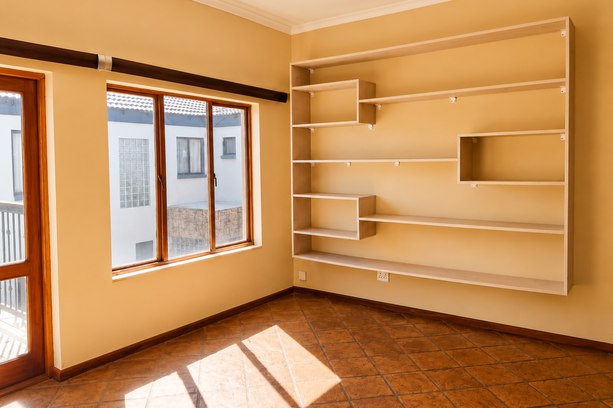 An empty living area featuring tiled flooring, built-in wall shelving, and natural light through a wooden-framed window and door.