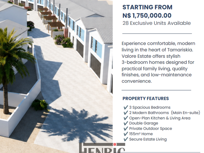 An aerial perspective of the Valore Estate townhouse development, showcasing the layout of the units, paved driveways, and secure residential complex design.