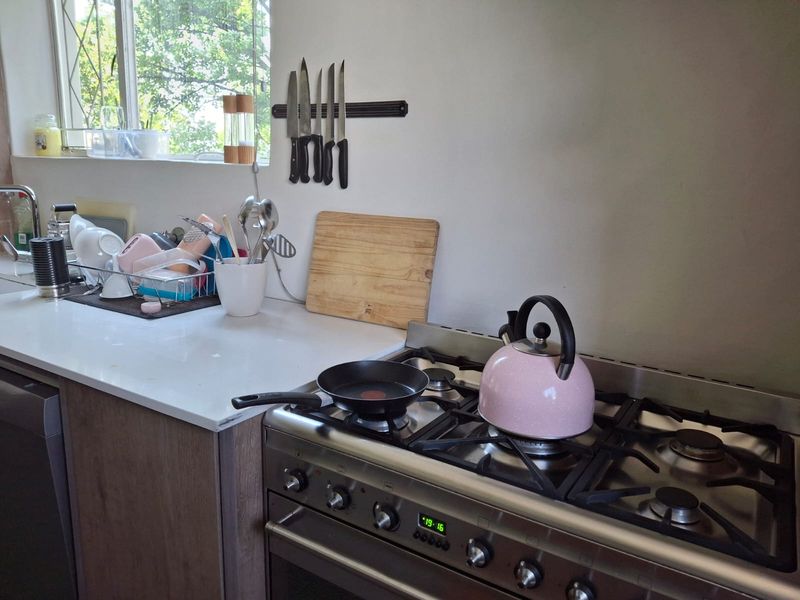 A functional kitchen area featuring a stainless steel gas stove and oven, stone-look countertops, and a wall-mounted magnetic knife rack.