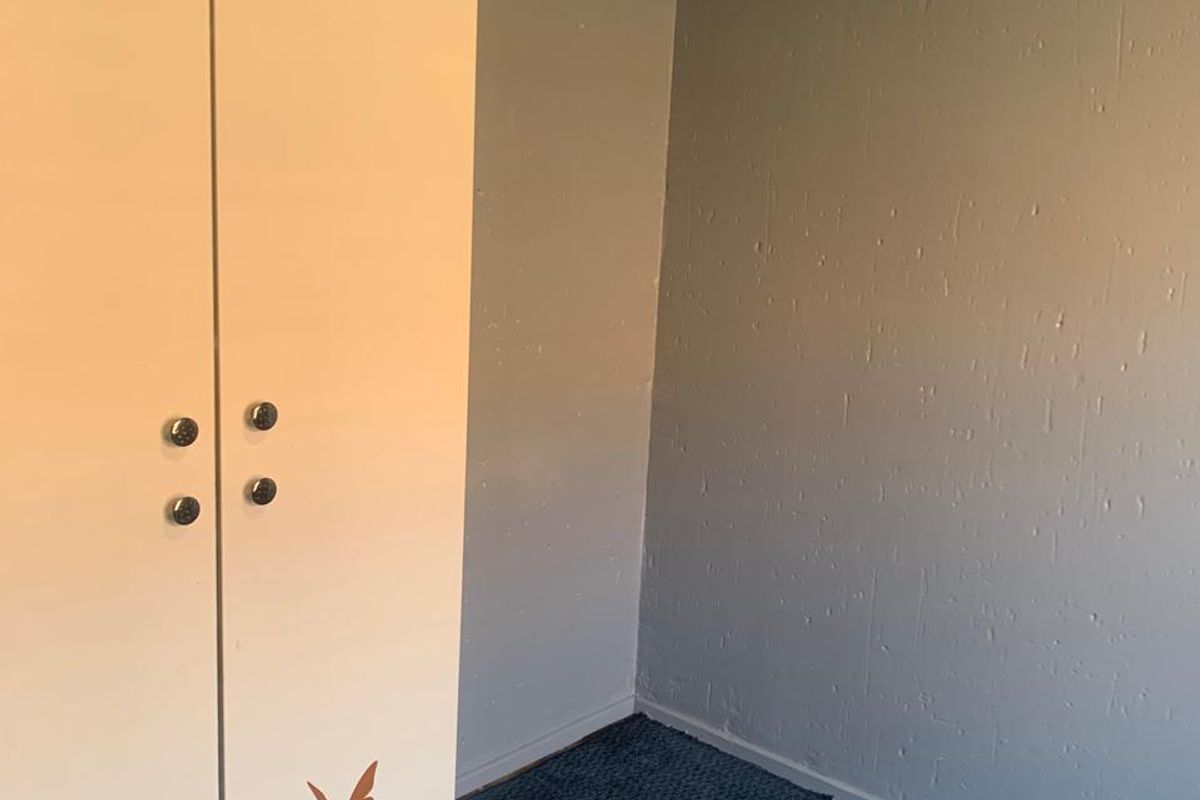 A corner view of an empty bedroom featuring a built-in wardrobe and blue carpeting.