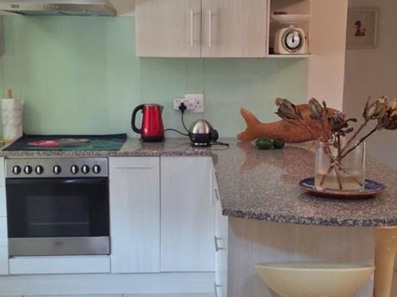 A functional kitchen featuring light wood-grain cabinetry, granite countertops, a glass splashback, and integrated stainless steel appliances including an oven and extractor fan.