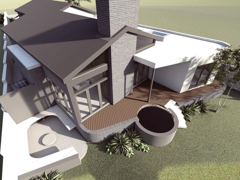 An aerial perspective of a modern architectural design featuring a brick chimney, timber decking, and a circular plunge pool.
