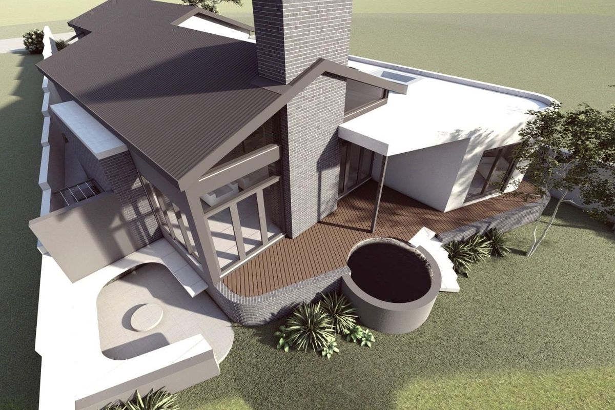 An aerial perspective of a modern architectural design featuring a brick chimney, timber decking, and a circular plunge pool.