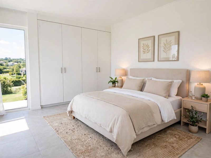A bright and modern bedroom featuring built-in wardrobes, neutral tiled flooring, and a large sliding glass door providing natural light and garden views.