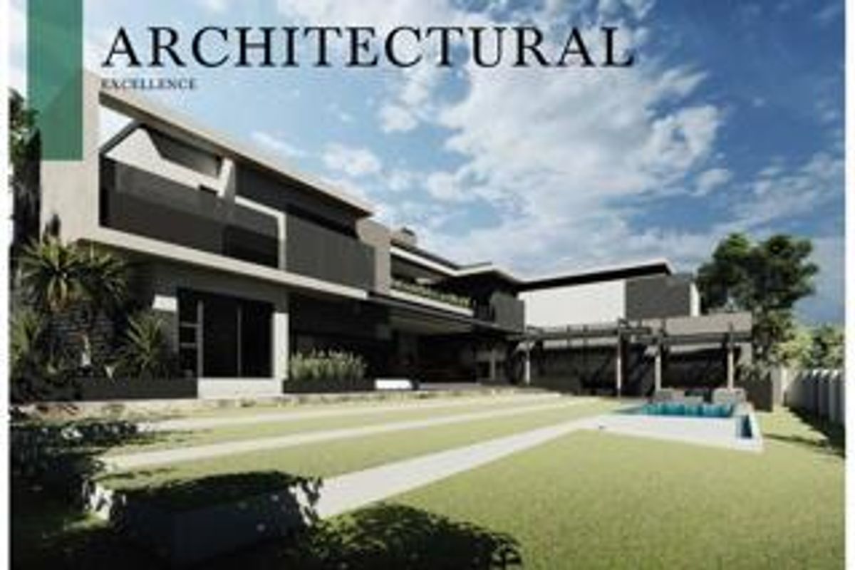 Modern architectural rear elevation featuring a contemporary multi-level design, landscaped lawn, and a private swimming pool.