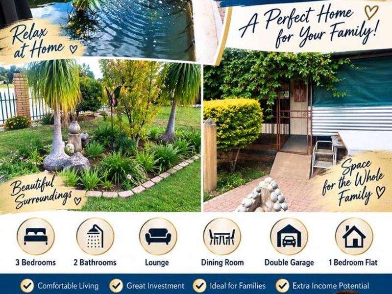 A promotional real estate collage featuring property highlights, garden views, and contact information for a family home in Grootfontein.