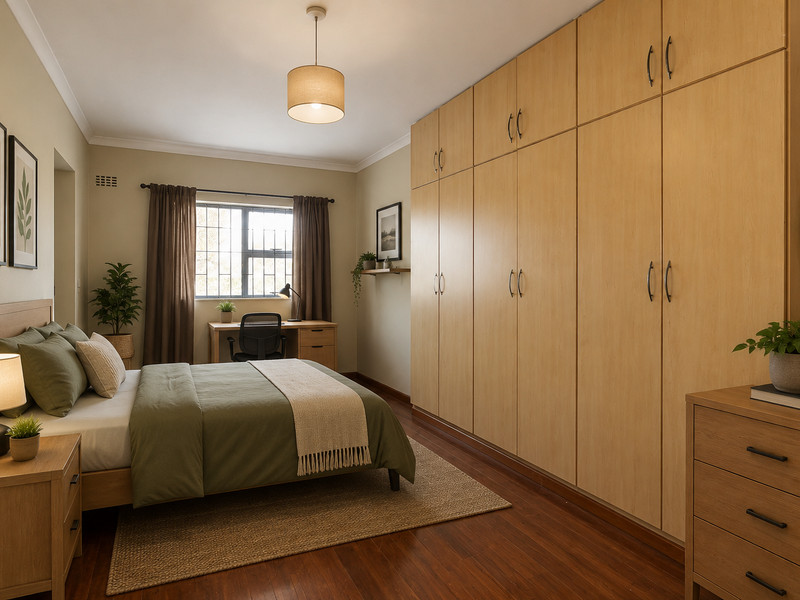 A well-maintained bedroom featuring extensive floor-to-ceiling built-in cupboards, rich hardwood flooring, and a window with security bars.