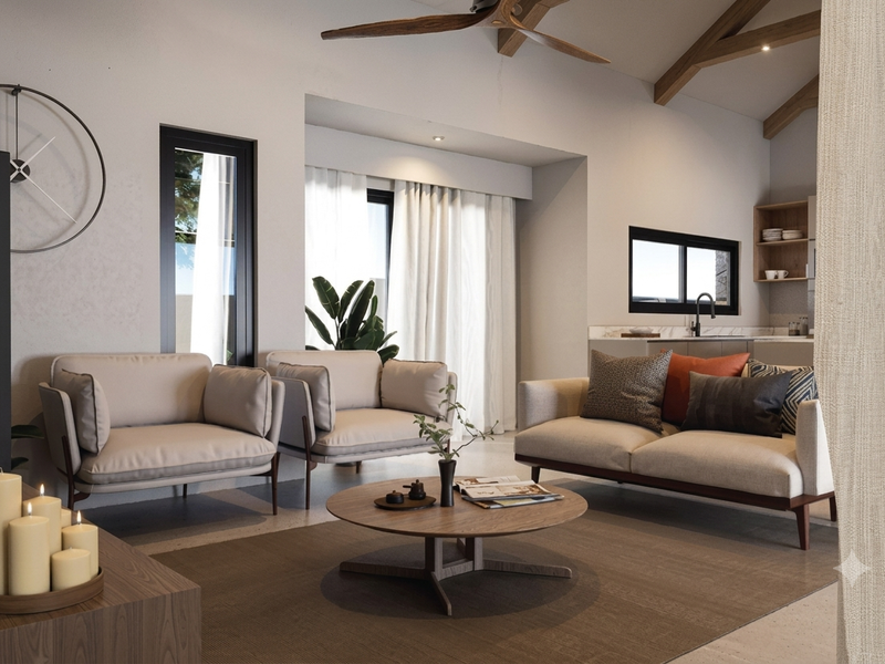 A bright open-plan living area featuring exposed timber ceiling beams, a modern kitchen with integrated cabinetry, and large windows providing natural light.