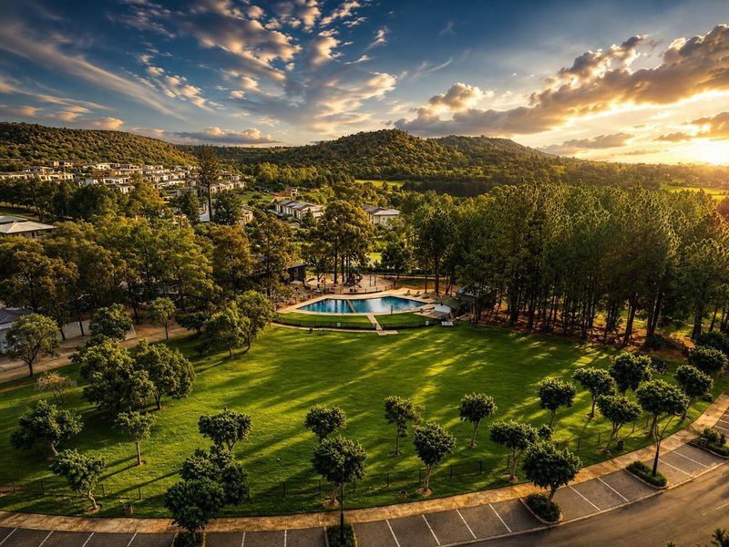 Aerial view of a residential estate featuring a communal swimming pool, expansive manicured lawns, mature trees, and paved parking facilities at sunset.