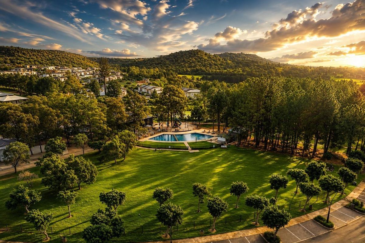 Aerial view of a residential estate featuring a communal swimming pool, expansive manicured lawns, mature trees, and paved parking facilities at sunset.
