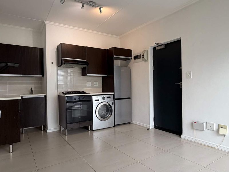 A compact, modern kitchen featuring dark wood cabinetry, built-in oven with gas hob, tiled flooring, and integrated laundry plumbing connections.
