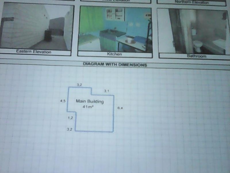 A document containing multiple exterior property photos and a floor plan diagram of the main building.