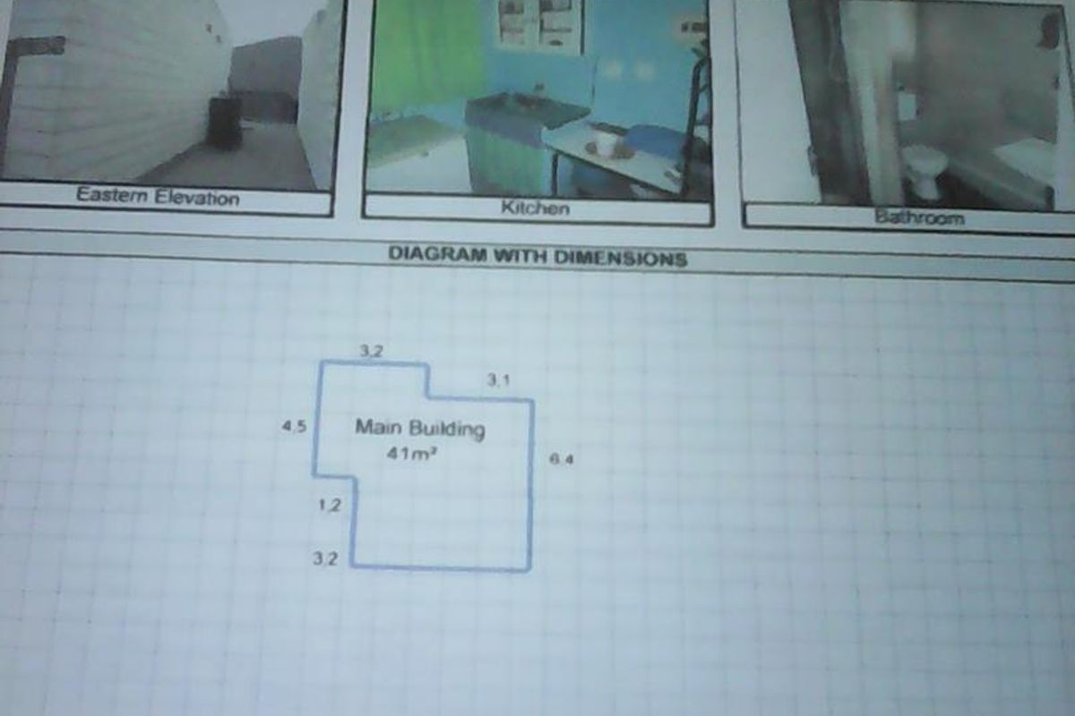 A document containing multiple exterior property photos and a floor plan diagram of the main building.