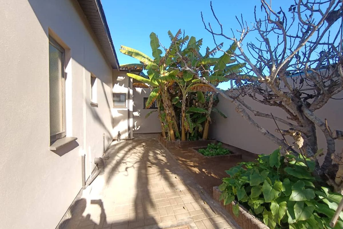 A side exterior walkway featuring paved flooring, a boundary wall, and established garden beds with mature plantings.
