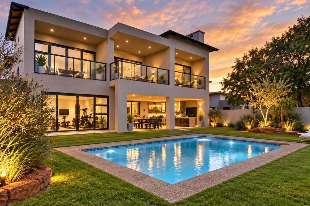 Stunning rear elevation featuring a swimming pool, landscaped garden, covered patio, and upper-level balconies with modern glass balustrades at sunset.