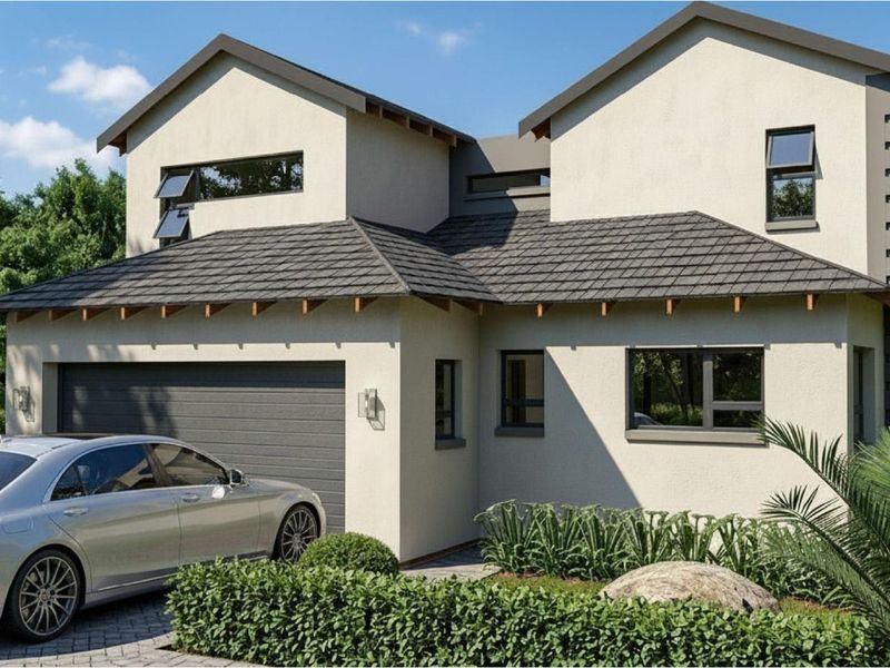 A modern double-story residential home featuring a tiled roof, neutral exterior finish, and an integrated double garage with a paved driveway.