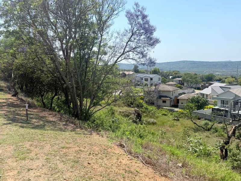 A view overlooking a sloped residential plot with mature trees and natural vegetation, showcasing the surrounding neighborhood and distant landscape.