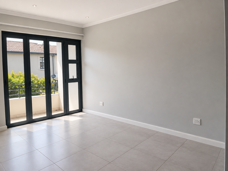 A bright, empty living area featuring neutral tiled flooring, modern grey walls, and large aluminium stacker doors providing access to an outdoor balcony.