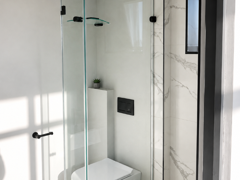 Modern bathroom featuring a wall-mounted toilet, glass shower enclosure, and elegant marble-look tiling with contemporary black fixtures.