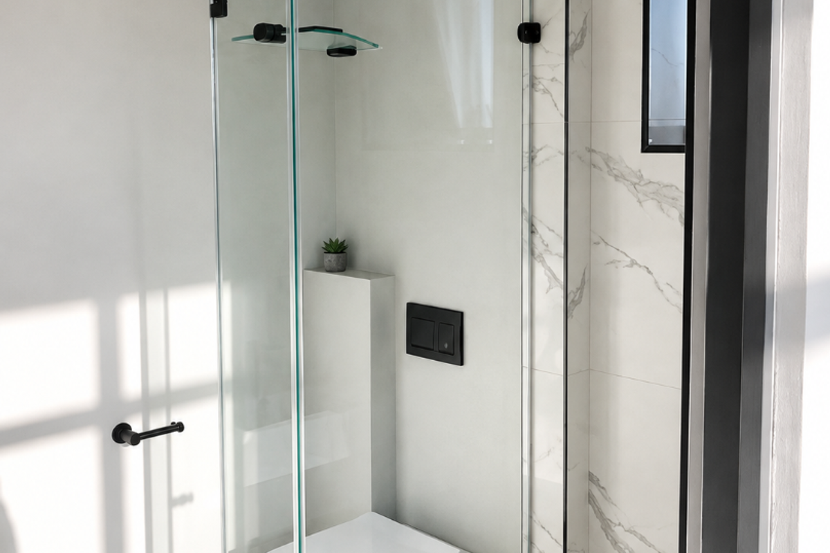 Modern bathroom featuring a wall-mounted toilet, glass shower enclosure, and elegant marble-look tiling with contemporary black fixtures.