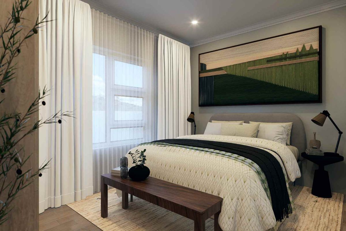 A well-appointed bedroom featuring neutral tones, large windows with floor-to-ceiling curtains, and modern recessed ceiling lighting.