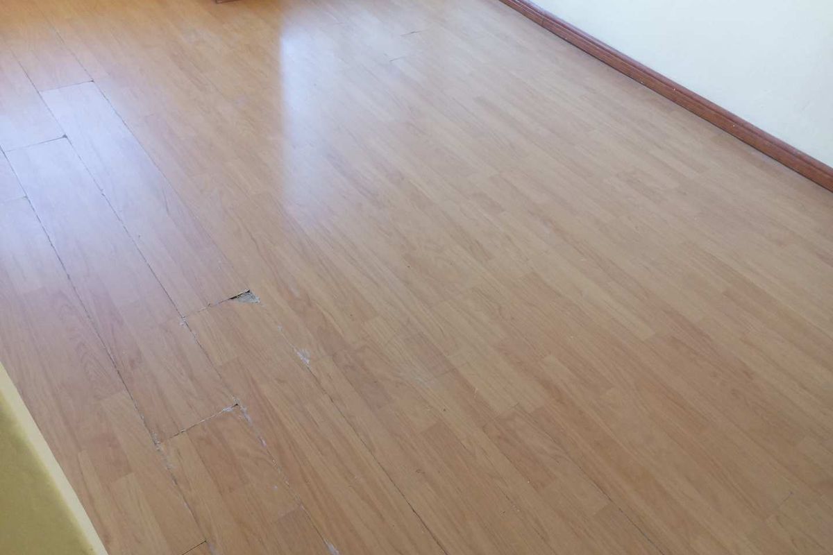 An empty living area featuring light-toned laminate flooring with visible wear and damage to the planks.