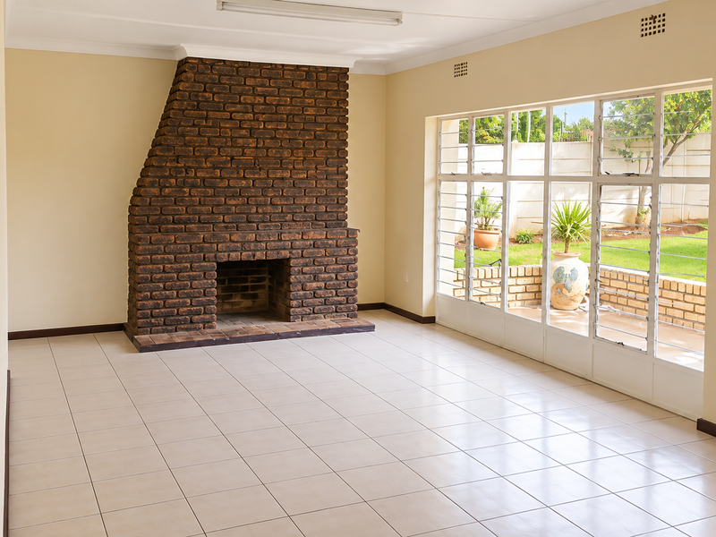Spacious living room featuring a prominent brick fireplace, neutral tiled flooring, and large windows providing natural light and views of the garden.