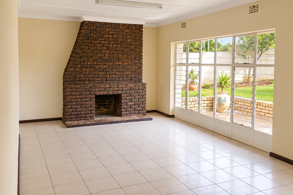 Spacious living room featuring a prominent brick fireplace, neutral tiled flooring, and large windows providing natural light and views of the garden.