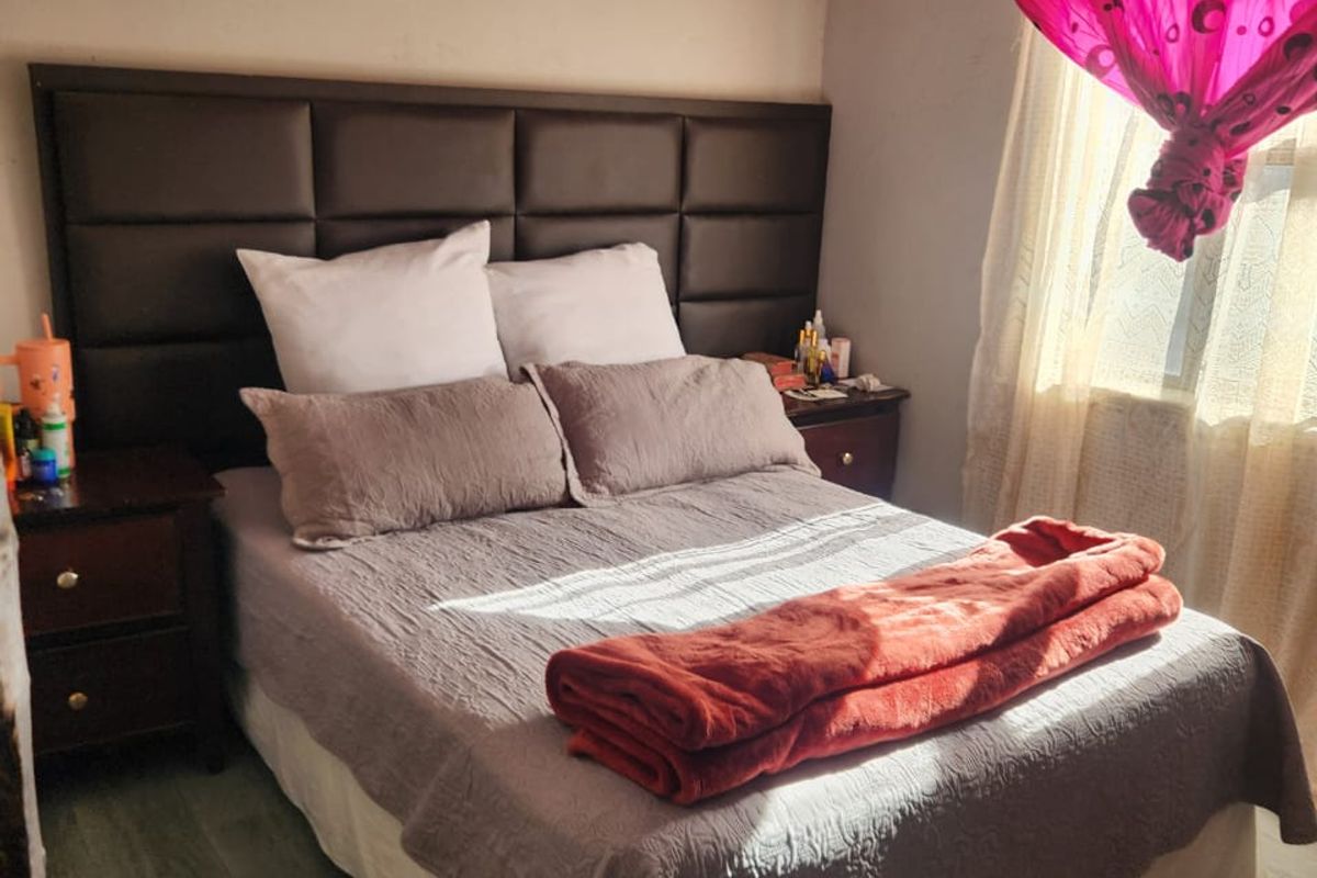 A bedroom featuring laminate flooring and a coved ceiling, currently requiring cosmetic updates to the wall and ceiling finishes.